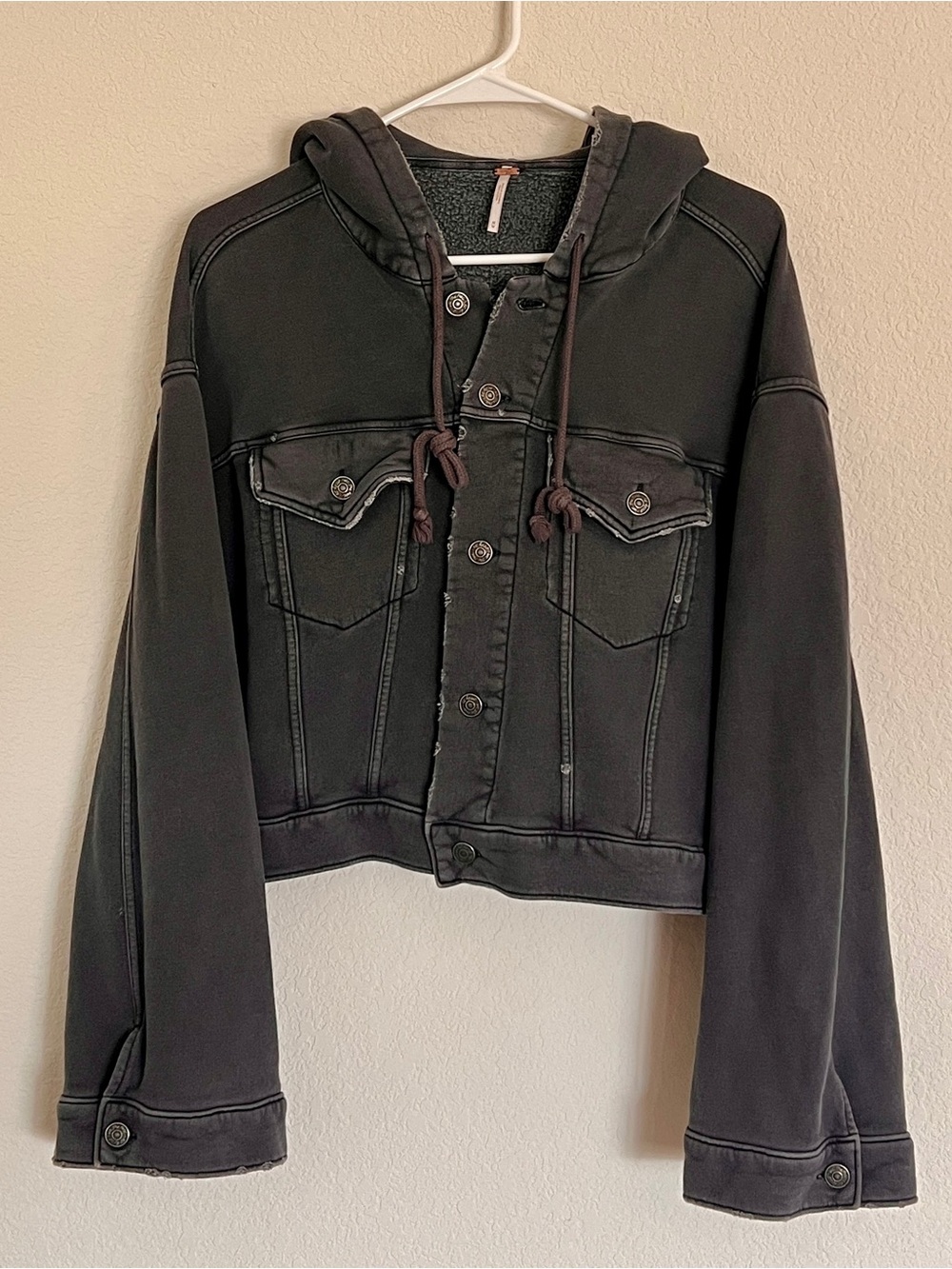 Free People Dreamer Hooded Cropped Jacket Dark Charcoal Grey Distressed Hoodie